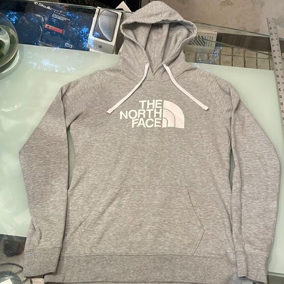 The north face hoodie s/p grey white printed draw string kangaroo pocket - Picture 1 of 8